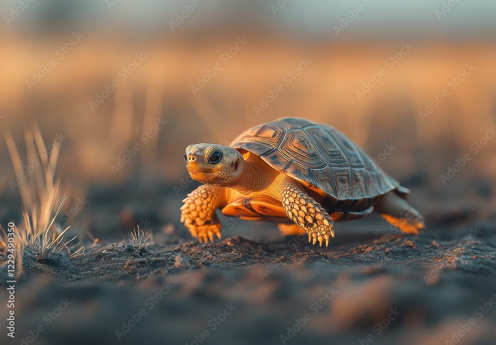 Obraz premium Close-Up of a Tortoise Walking on Dry Ground with Golden Hour Lighting Highlighting Its Shell and Texture in a Natural Outdoor Environment