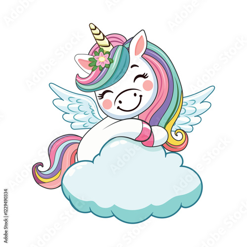 Cute humble unicorn with horn and wings hugs cloud on white background. Vector illustration in flat cartoon style