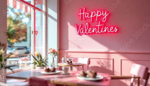 Cozy pink cafe with neon happy valentine sign and heart-themed decor. The 14th of February. Happy Valentine's Day