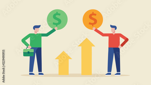 Two People Comparing Money One person holds a stack of cash with a decreasing value sign inflation while another holds the same amount but with an increasing value sign deflation