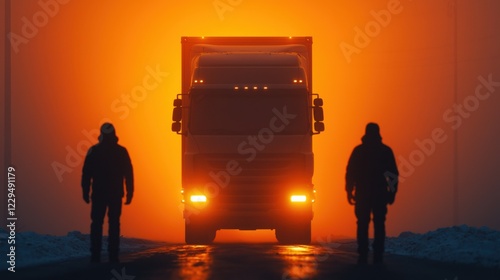 Silhouettes of two people standing in front of an illuminated truck at sunset, creating a dramatic and vibrant scene.