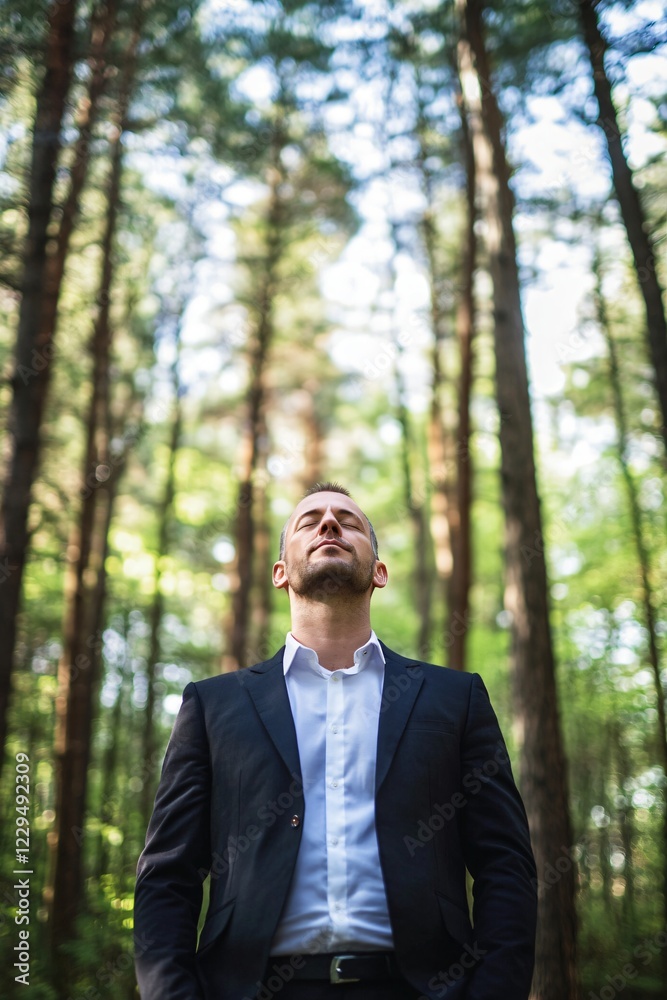 Portrait of a businessman in a suit standing outdoors in a serene forest, eyes closed, embracing a moment of tranquility and connection with nature Portrait of a businessman in a suit standing outdoors in a serene forest, eyes closed, embracing a moment of tranquility and connection with nature