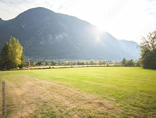 Sunlit Green Field Stretche...