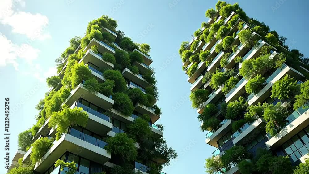 modern and ecological skyscrapers with many trees on each balcony. Bosco Verticale. Modern architecture, vertical gardens, terraces with plants. Green Planet. Blue sky