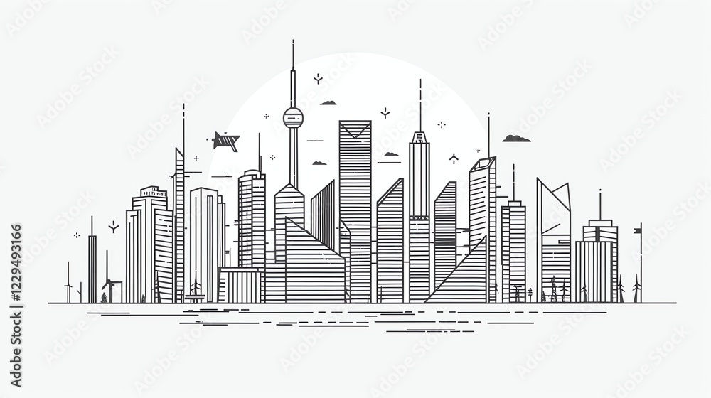 Fototapeta premium A line art cityscape with a sun in the background.