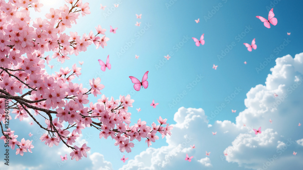 Vibrant Spring Banner with Blossoming Cherry Trees, Pink Sakura Flowers, and Butterflies for Marketing, Social Media, and Seasonal Promotions Vibrant Spring Banner with Blossoming Cherry Trees, Pink Sakura Flowers, and Butterflies for Marketing, Social Media, and Seasonal Promotions