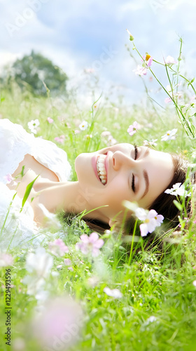 Smiling Woman Lies in a Fie...
