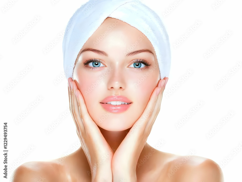 Beautiful Woman with Perfect Skin Holds her Face Gently with her Hands, Showcasing Natural Beauty Beautiful Woman with Perfect Skin Holds her Face Gently with her Hands, Showcasing Natural Beauty