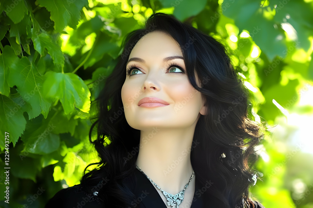 Beautiful Woman Looks Up Dreamily amidst Lush Green Leaves in Nature, Embracing Serenity. Beautiful Woman Looks Up Dreamily amidst Lush Green Leaves in Nature, Embracing Serenity.