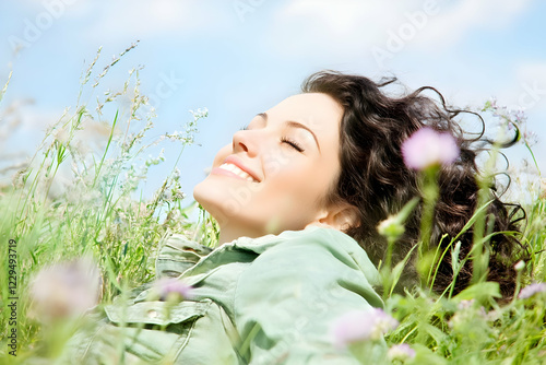 Beautiful Woman Lies in Gra...