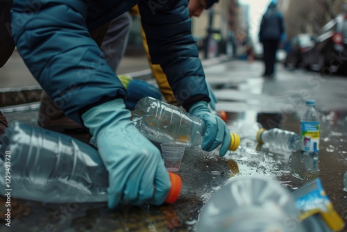 Close-up of gloved hands of volunteers picking up plastic bottles and trash from the street, promoting environmental awareness and community service, contributing to a cleaner urban environment. photo