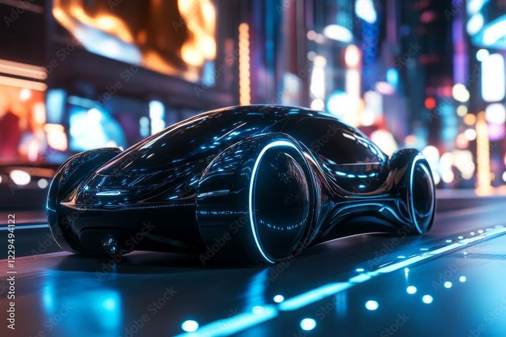 A futuristic car is driving down a street. The car is black and has neon lights on it A futuristic car is driving down a street. The car is black and has neon lights on it
