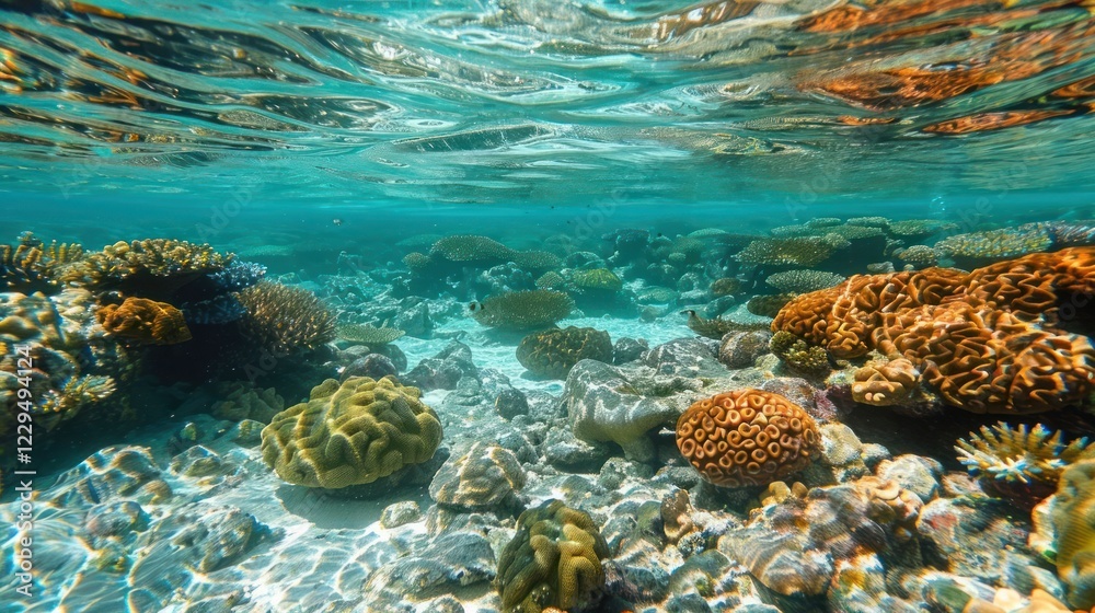 Underwater view of vibrant coral reef teeming with marine life in clear tropical waters Underwater view of vibrant coral reef teeming with marine life in clear tropical waters