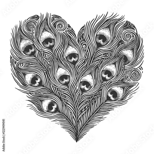 peacock feathers arranged in a heart shape, featuring detailed linework and swirling patterns sketch engraving generative ai vector illustration. Scratch board imitation. Black and white image.