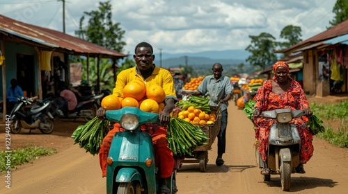 Vibrant market scene with people carrying fruits and vegetables on scooters along a rural road on a sunny day. photo