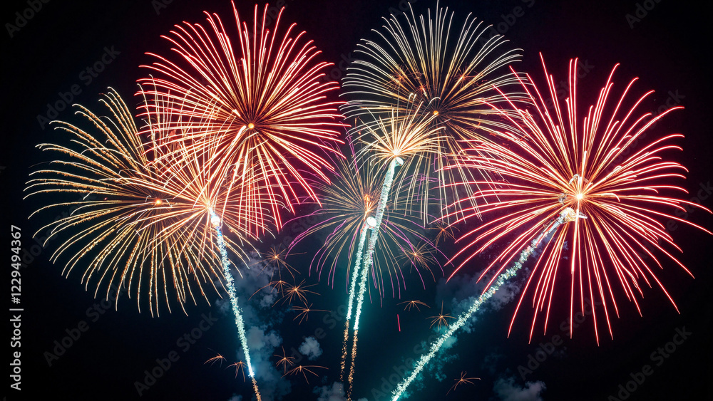 Vibrant fireworks bursting in a night sky, perfect for New Year's Eve, Independence Day, or holiday marketing campaigns, event promotions, and festive greeting cards. Vibrant fireworks bursting in a night sky, perfect for New Year's Eve, Independence Day, or holiday marketing campaigns, event promotions, and festive greeting cards.