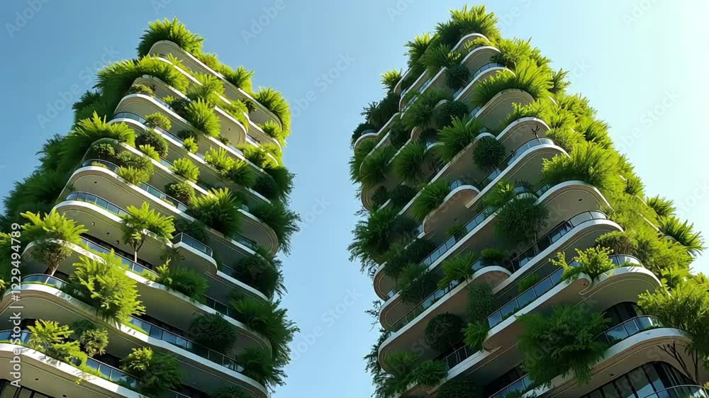 modern and ecological skyscrapers with many trees on each balcony. Bosco Verticale. Modern architecture, vertical gardens, terraces with plants. Green Planet. Blue sky