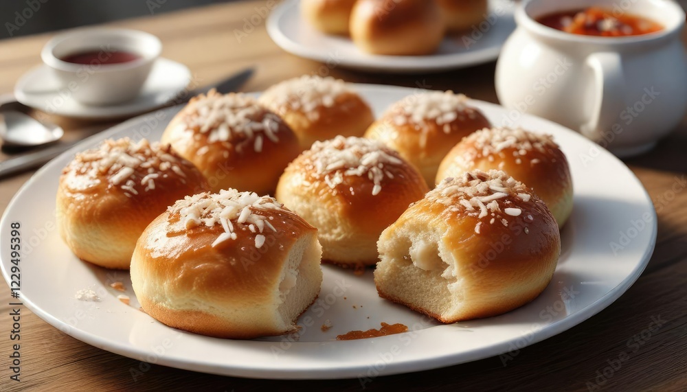 Detail shot of coconut jam bun pieces arranged on plate, rich flavor, individual servings, coconut delicacy, gourmet dessert Detail shot of coconut jam bun pieces arranged on plate, rich flavor, individual servings, coconut delicacy, gourmet dessert