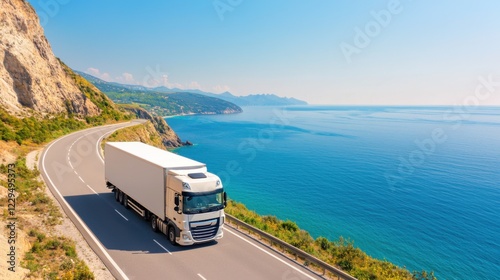White truck driving on a coastal highway with breathtaking ocean views and clear blue skies, capturing a serene journey along the cliffs.