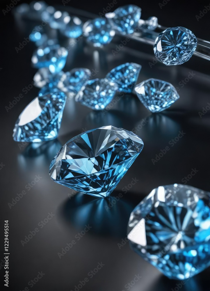 Diamond row on black background with varying shades of blue light glow, night, jewelry, diamond Diamond row on black background with varying shades of blue light glow, night, jewelry, diamond