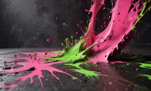 Distorted perspective of a chaotic paint splatter with neon green and pink tones , creative style, neon colors