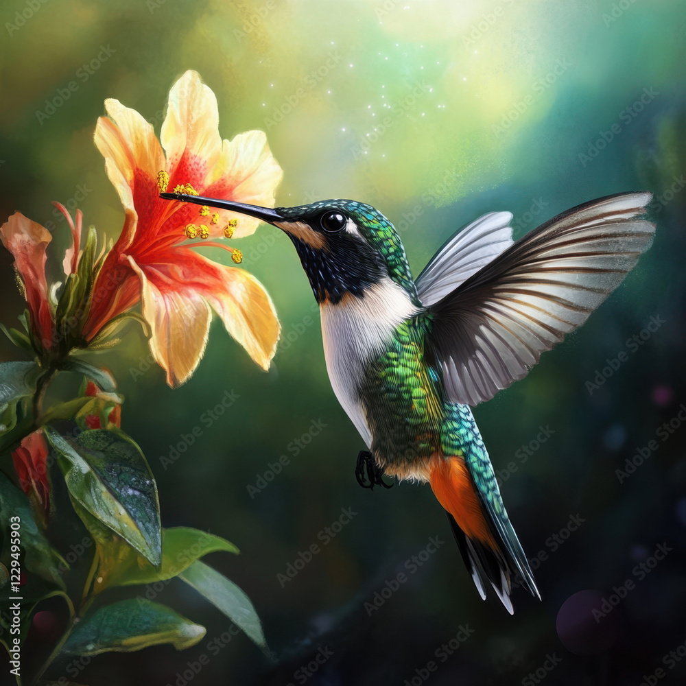 Naklejka premium Hummingbird near vibrant flower