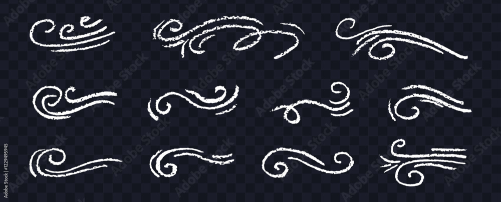 Set of black motion lines. Collection of modern abstract wind symbols. Hand drawn by wax, chalk or charcoal pen cartoon curly squiggle, craft weather hurricane sign. Vector illustration Set of black motion lines. Collection of modern abstract wind symbols. Hand drawn by wax, chalk or charcoal pen cartoon curly squiggle, craft weather hurricane sign. Vector illustration