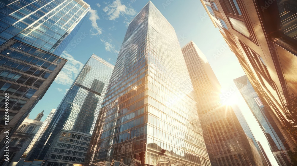 Fototapeta premium Tall modern skyscrapers reflecting sunlight in a bustling urban cityscape with clear skies