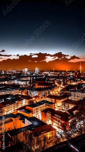 Cityscape at night shows il...