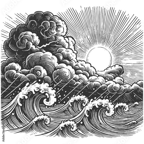 dramatic ocean wave with swirling foam, showcasing the power and beauty of the sea sketch engraving generative ai vector illustration. Scratch board imitation. Black and white image.