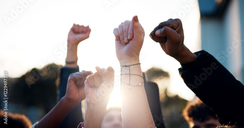 Hands, fist and students with protest outdoor for education riot, university equality and change law. Group, people and power with call to action for free learning, society support and racism justice