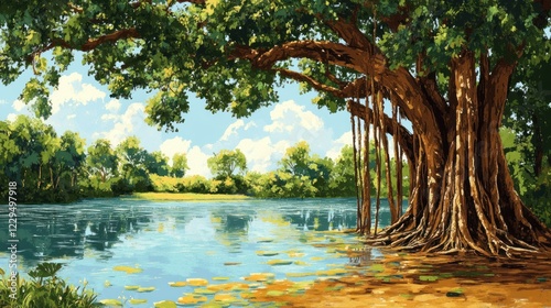 Serene lakeside view with a large banyan tree.