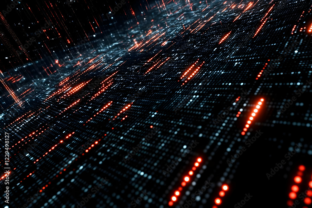 Fototapeta premium Abstract Digital Data Stream Flows Across a Dark Background with Glowing Red Lights