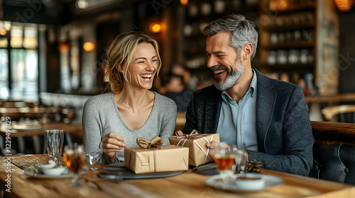 Couple exchanging gifts at restaurant; happy celebration