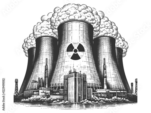 nuclear power plant with cooling towers, chimneys, a train, and industrial structures emitting smoke sketch engraving generative ai vector illustration. Scratch board imitation. Black and white image.