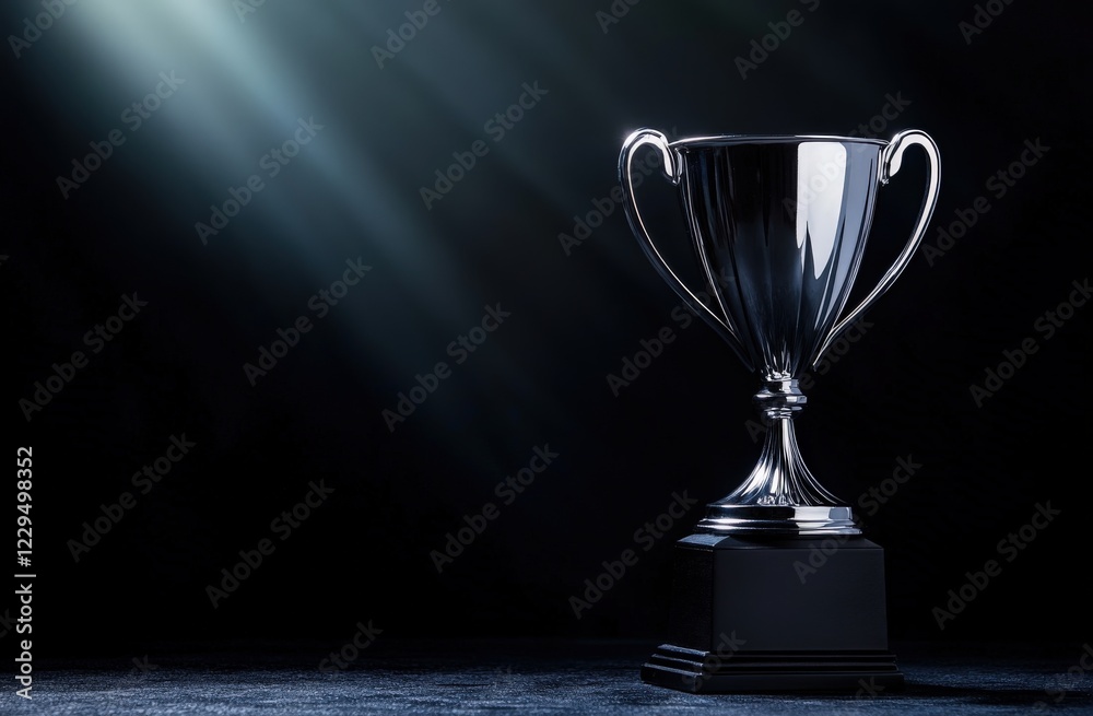 A shiny trophy is displayed on a table under a bright spotlight