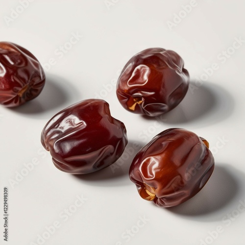 This image features four glossy, natural brown dates with a wrinkled yet smooth texture, positioned against a clean white background. The dates are depicted in high detail, showcasing their rich color