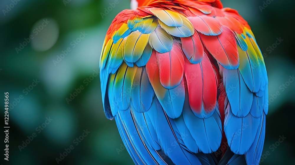 Obraz premium blue and yellow macaw parrot wings, Close up of the feathers of a parrot,Texture of beautiful feather Macaw bird