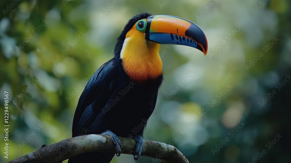 Fototapeta premium toucan in the jungle, tropical avian beauty in the lush Rainforest, Selective focus shot of a toucan standing on a tree branch 