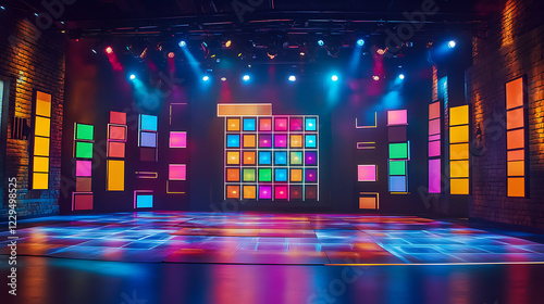 A vibrant game show set with bright lights and a digital quiz board displaying questions (3)