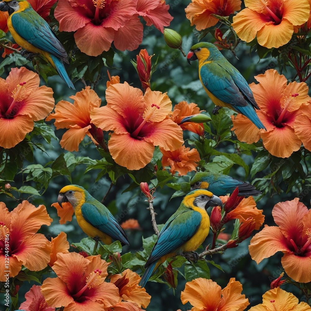 Obraz premium A cluster of hibiscus flowers with tropical birds in the background.