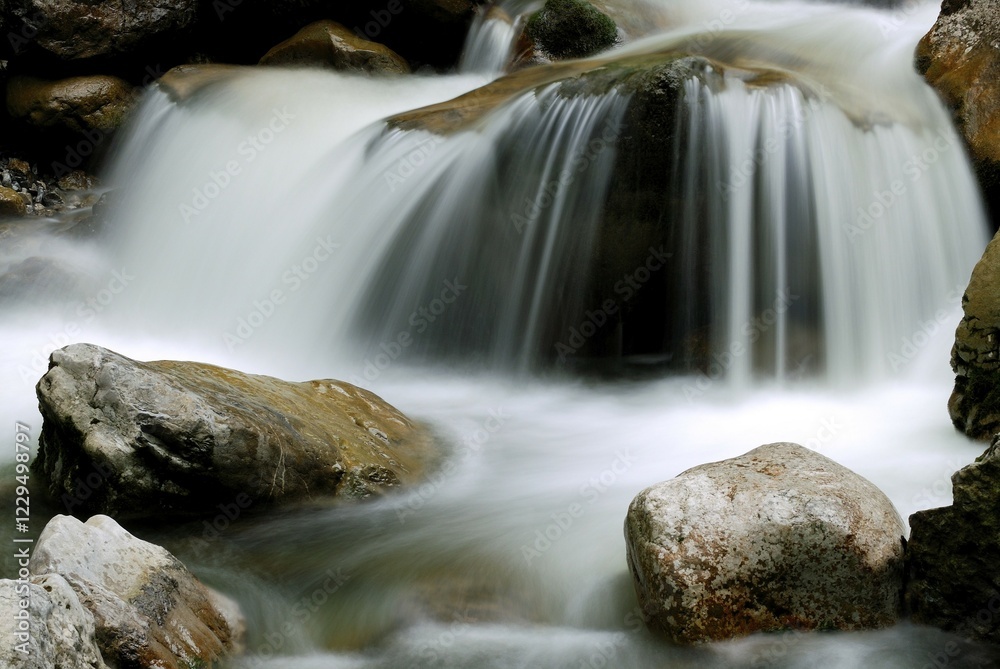Obraz premium Water spray over rocks, Kuhflucht Falls, Farchant, Bavaria, Germany, Europe