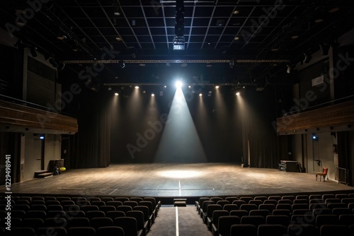 empty stage with a single spotlight illuminating the entire space, spotlight alone, cleaempty stage with a single spotlight illuminating the entire space, empty stage, solo beam