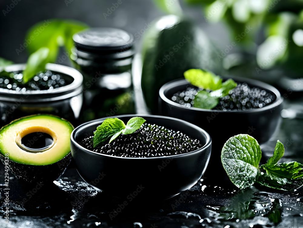 Black Caviar is Served in Bowls with Fresh Mint and Avocado Beautifully on a Dark Surface. Black Caviar is Served in Bowls with Fresh Mint and Avocado Beautifully on a Dark Surface.