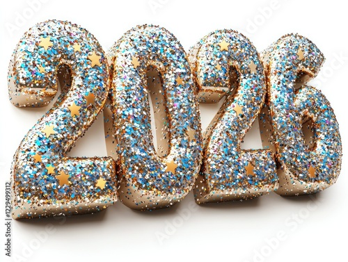 Glittery 2026 numbers with stars on white for New Year's marketing photo