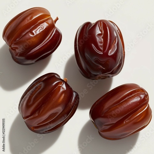 This image features four glossy, natural brown dates with a wrinkled yet smooth texture, positioned against a clean white background. The dates are depicted in high detail, showcasing their rich color