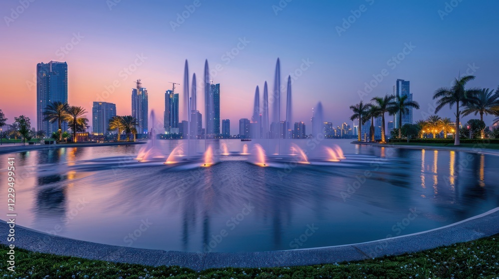 Obraz premium Serene evening cityscape featuring illuminated fountain and skyscrapers at sunset