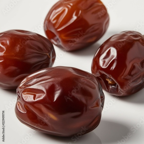 This image features four glossy, natural brown dates with a wrinkled yet smooth texture, positioned against a clean white background. The dates are depicted in high detail, showcasing their rich color