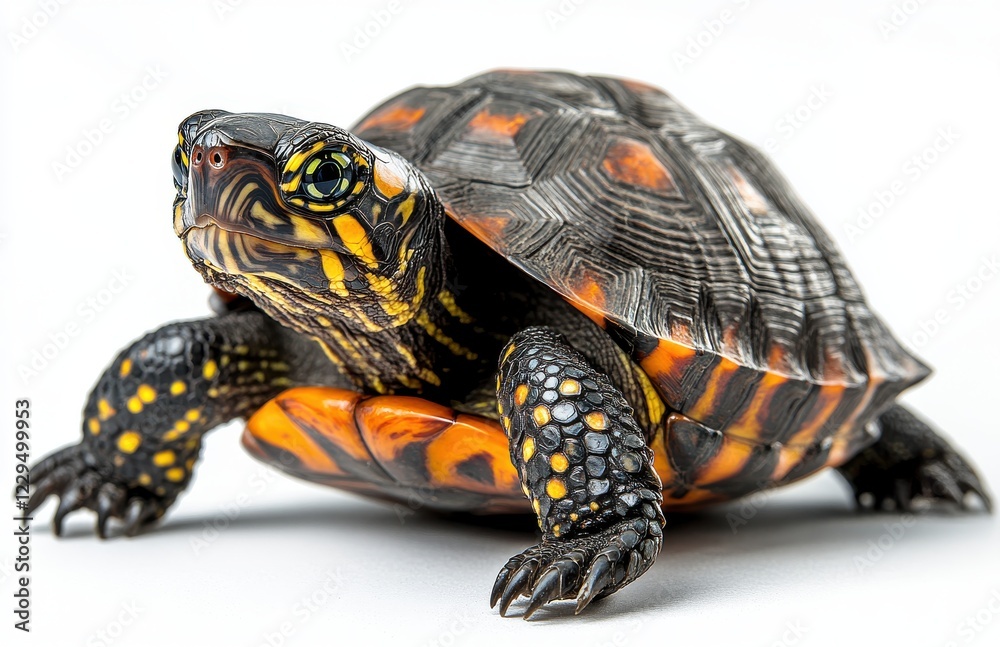 Fototapeta premium Colorful turtle with intricate shell patterns resting on a white background, showcasing vibrant orange and black details, ideal for wildlife and nature themes.