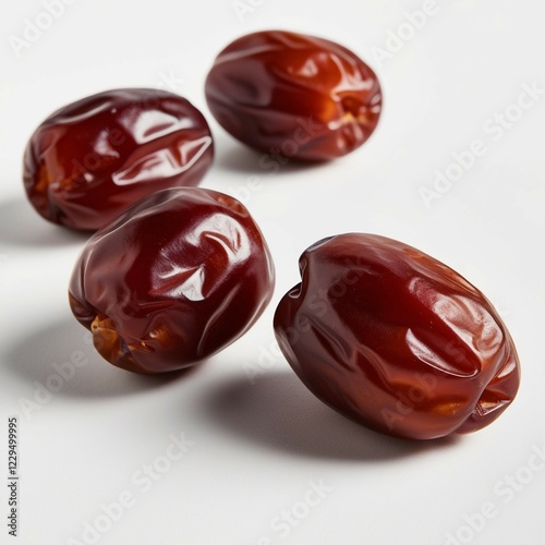 This image features four glossy, natural brown dates with a wrinkled yet smooth texture, positioned against a clean white background. The dates are depicted in high detail, showcasing their rich color